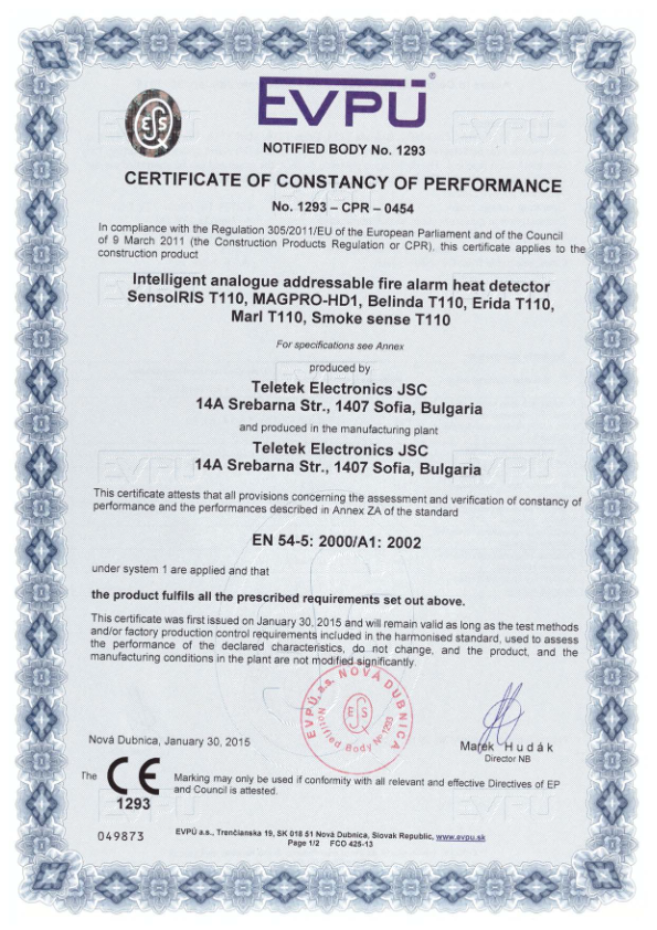 SENSOIRIS-T110 - Certificado CPD/CPR