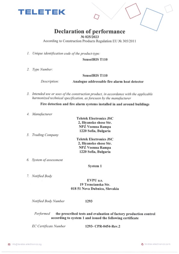 SensoIRIS-T110 - Certificado DoP