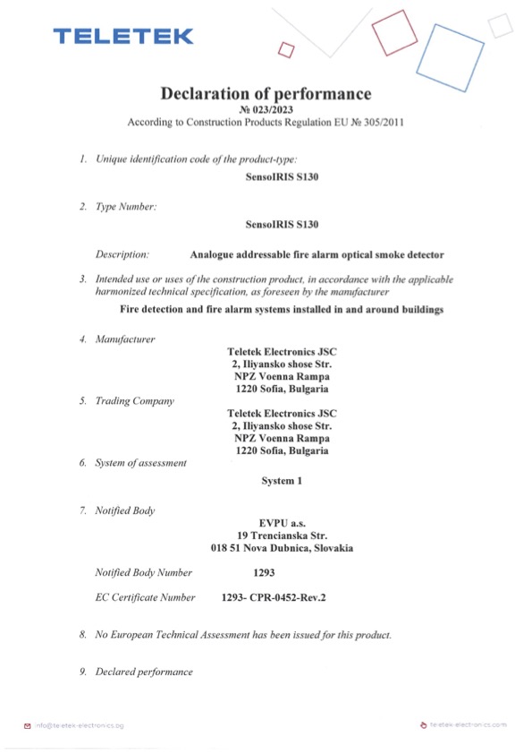 SensoIRIS-S130 - Certificado DoP