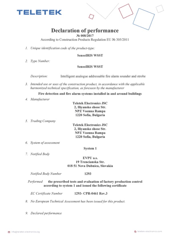 SensoIRIS-WSST - Certificado DoP