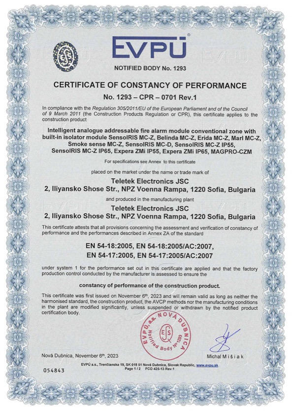 SensoIRIS-MCZ - Certificado CPD/CPR