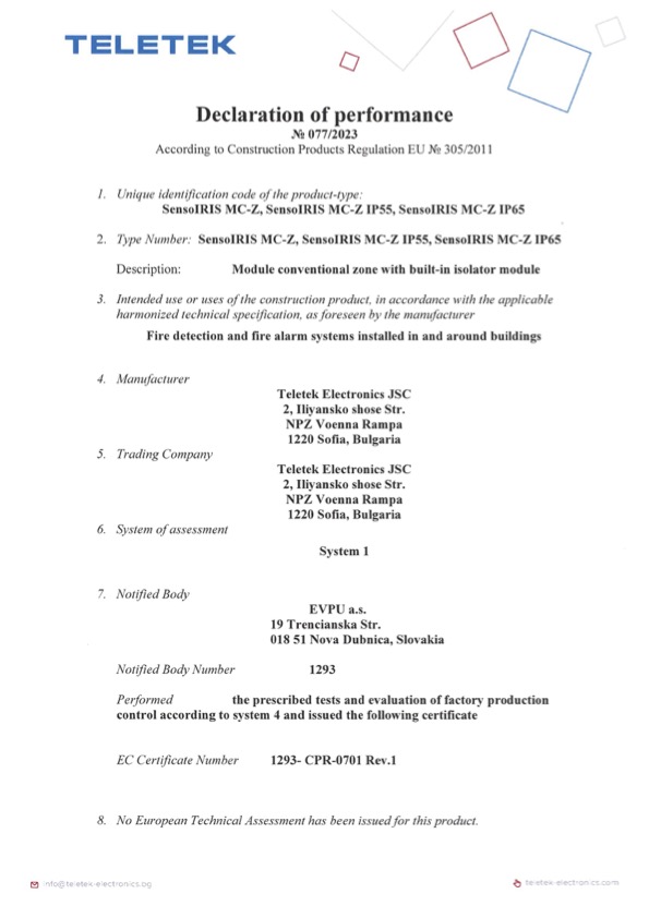 SensoIRIS-MCZ - Certificado DoP