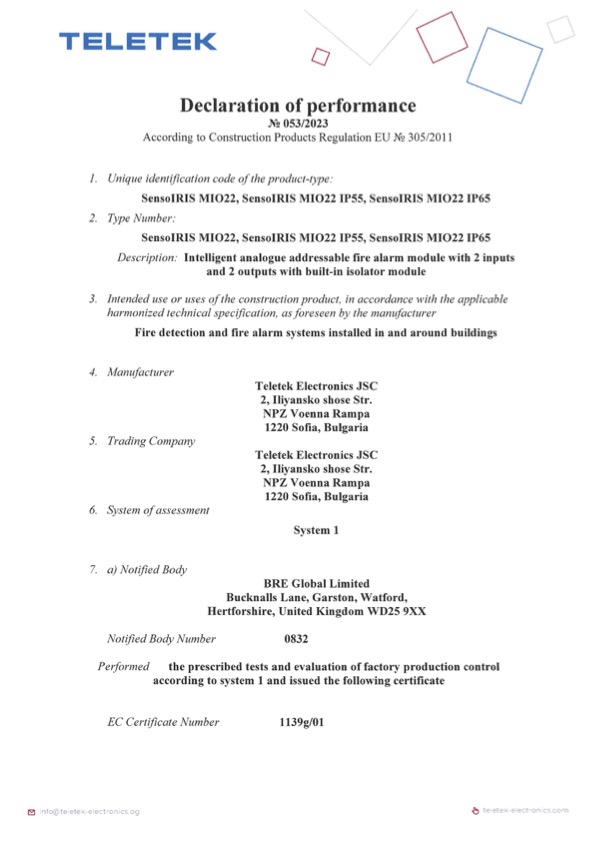 SensoIRIS-MIO22 - Certificado DoP