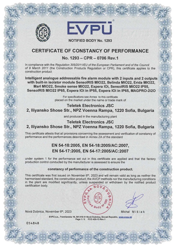 SensoIRIS-MIO22 - Certificado CPD/CPR