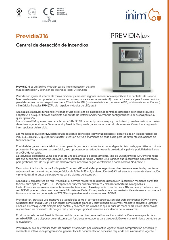 PREVIDIA216 - Ficha Técnica Inim