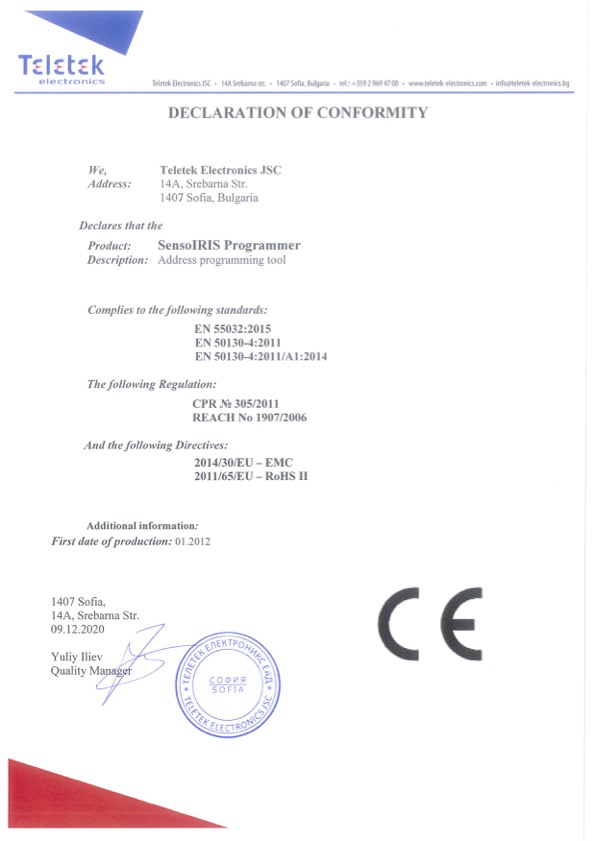 SENSOIRIS-PROGRAMMER - Certificado CE